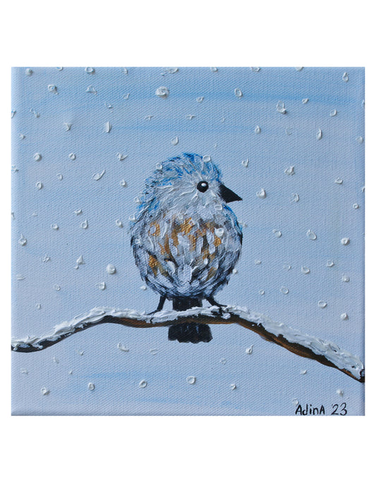 Textured painting “Bluebird in the snow”